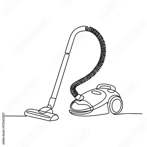 One continuous line Art drawing of electric vacuum cleaner home appliance. with white background