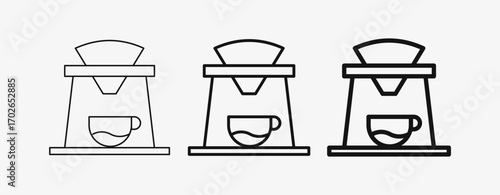 Icon Line Coffee V60 method with thin, mid and bold stroke types. Coffee shop equipment, Barista, Beverages concept,