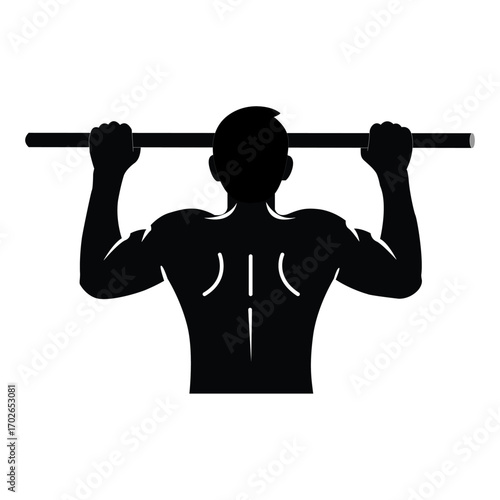 Silhouette of a muscular man performing a pull-up exercise on a horizontal bar for strength training and fitness