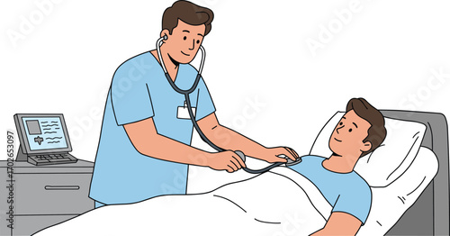 Doctor using stethoscope to examine patient in hospital bed, healthcare professional, medical checkup, patient care, hospital environment, health monitoring