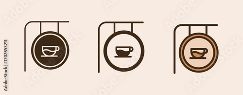 Icon Cafe Sign with glyph, semi solid and flat icon types. Coffee shop equipment, Barista, Beverages concept,