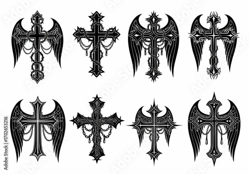 Set of black gothic angel wings in symmetrical pairs for tattoo, fantasy, and dark design projects.