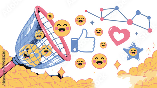 Cartoon Emoticon Faces Caught in Net with Social Media Icons and Network Graphic emoji butterfly net