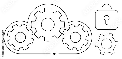 Gears inside a cloud with a lock indicating secure data processing, integration, and cloud computing. Ideal for technology, innovation, security, systems, management, IT solutions simple landing