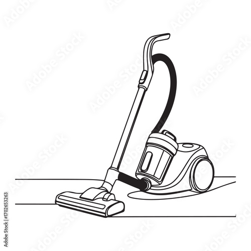 One continuous line Art drawing of electric vacuum cleaner home appliance. with white background