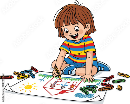 Happy little girl drawing on floor with crayons, colorful child art, kids creativity, playful learning, cartoon illustration, indoor activity