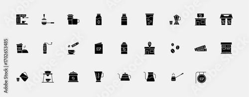 Icon set glyph coffee shop, barista and equipment coffee maket. Espresso machine milk mokapot v60 filter etc in collection icon solid black.