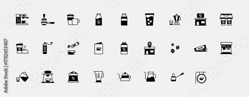 Icon set semi solid coffee shop, barista and equipment coffee maket. Espresso machine milk mokapot v60 filter etc in collection icon line fill black.
