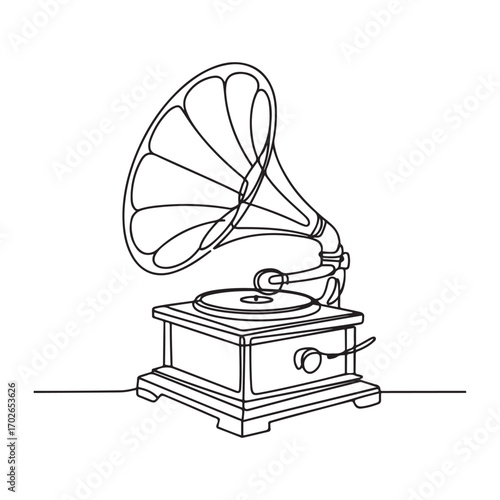 One continuous line Art drawing of old retro analog gramophone with vinyl desk. Antique vintage music player concept. with white background