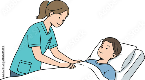 Nurse caring for patient in hospital bed, healthcare professional, medical care, patient comfort, hospital environment, compassionate nurse, patient recovery, health support
