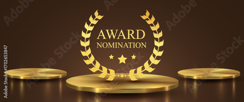Three Award round podiums with laurel wreath on dark background. Vector golden symbol of victory, achievement, success, rewarding of winner. Vector illustration