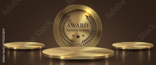 Three Award round podiums with laurel wreath on dark background. Vector golden symbol of victory, achievement, success, rewarding of winner. Vector illustration