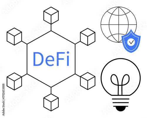 Blockchain network hexagon with DeFi text, blue shield, globe, and lightbulb. Ideal for finance, technology, blockchain, innovation security cryptocurrency and global networking themes. Flat