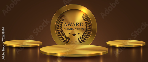 Three Award round podiums with laurel wreath on dark background. Vector golden symbol of victory, achievement, success, rewarding of winner. Vector illustration