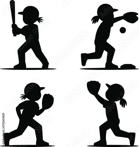 Children Playing Baseball Silhouette Vector Set Batting, Pitching, Running, Catching