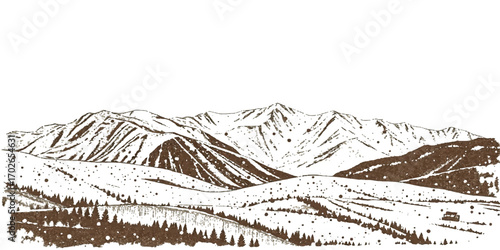 Mountain landscape vector illustration of a snowy peak with a panoramic view of the cold winter alps against a white sky