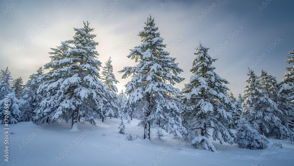 Naklejka premium Snowy pine trees in a winter forest landscape