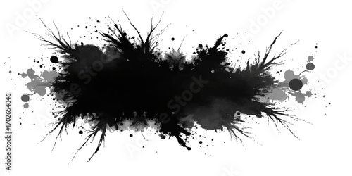 Black liquid ink splat with a grunge texture on a dirty paint drop design