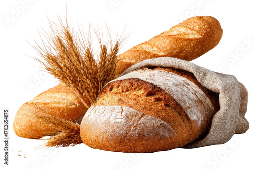 Fresh loaves of artisan bread, nestled together with wheat stalks