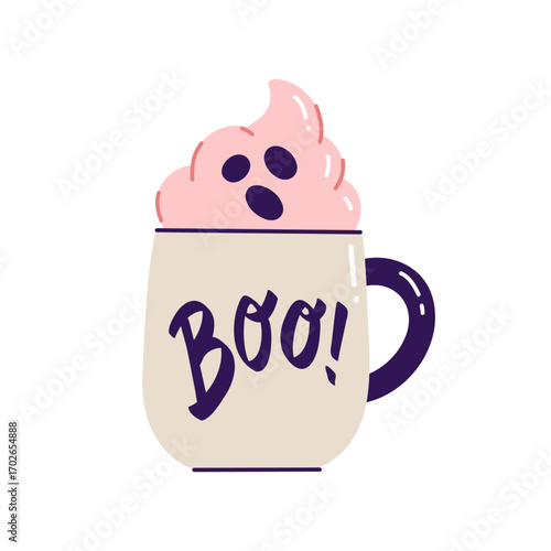 Flat vector illustration of white mug with Boo letters isolated on a white background. Halloween ghost drink with whipped cream for sticker, print, or scrapbook. 