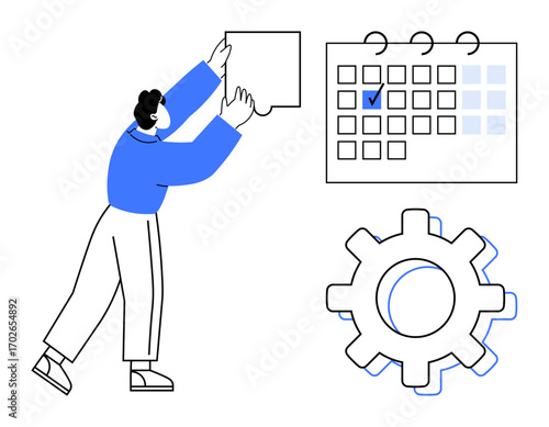 Person interacting with a calendar, adding task cards. Gear highlights workflow automation and efficiency. Ideal for project management, goal setting, task planning, workflow improvement