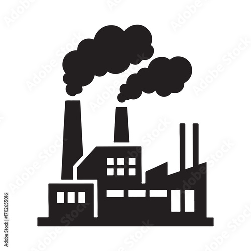 Factory industrial plant smoke emissions air pollution silhouette silhouette white background