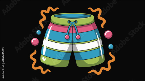 Colorful Striped Swim Trunks Surrounded by Bubbles and Waves shorts bathing suit