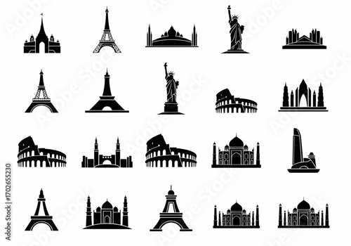 City skyline landmark silhouette set featuring world-famous towers, bridges, and monuments for travel and tourism design projects.