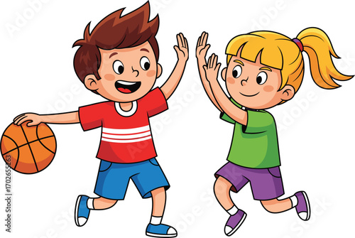 Cartoon kids playing basketball, happy boy dribbling, girl defending, fun sports activity, youth teamwork, outdoor game, athletic children