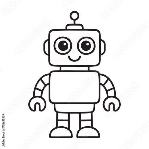 Cute cartoon robot drawing with big eyes and smiling face silhouette white background