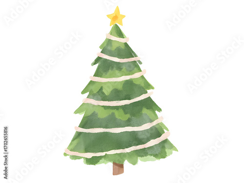 Christmas Tree with Star and Ornaments on Transparent Background
