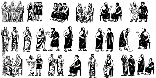 Black and white illustration of ancient Greek people in various poses and interactions.