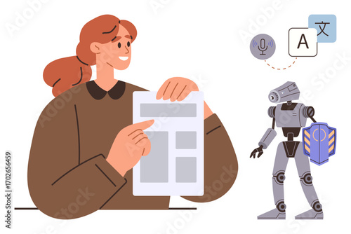 Woman presenting a document to a robot with speech and translation elements. Ideal for communication, AI collaboration, language translation, innovation, education, human-robot interaction