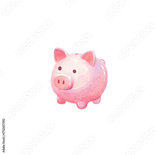 Cute pink piggy bank in watercolor illustration on white background, cut out