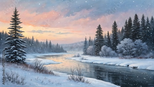 Wallpaper Mural A serene winter landscape with a river flowing through a snowcovered forest during a gentle snowfall at sunset Torontodigital.ca