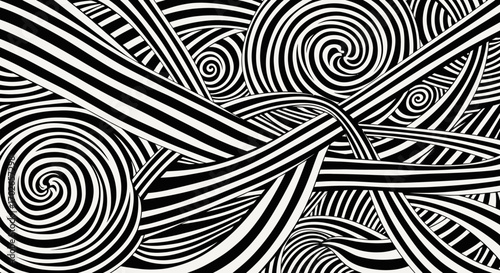 Abstract black and white swirling patterns create a hypnotic, three-dimensional illusion of interwoven stripes and spirals.