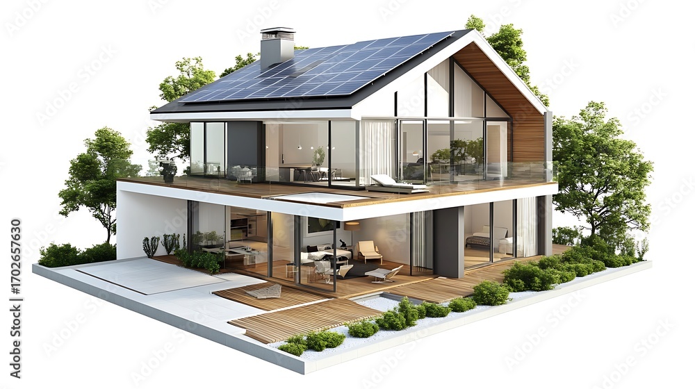 Fototapeta premium Modern TwoStory House Design with Solar Panels and Glass Walls on White Background