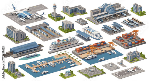 Isometric view showcasing a variety of transportation hubs and urban infrastructure elements displayed on transparent background