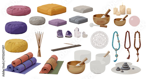 Assortment of meditation and relaxation items including cushions, crystals, bowls, and yoga mats shown on transparent background