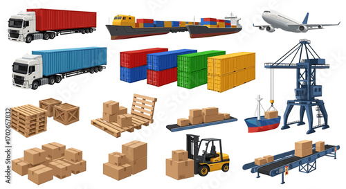 Illustration showcasing various modes of transportation and logistics elements in a detailed composition on transparent background