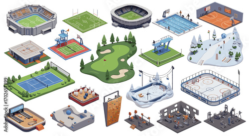 Isometric illustrations showcasing various sports venues including stadiums and training facilities on transparent background