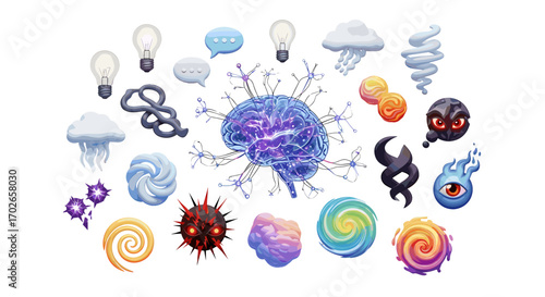 Collection of cartoonish brain, lightbulbs, clouds, and other assorted elements on a white background on transparent background