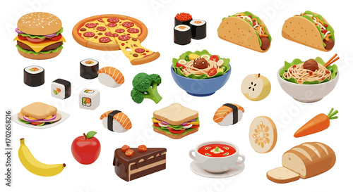 Isometric food assortment featuring burger pizza sushi tacos salads sandwiches fruits vegetables and desserts on transparent background