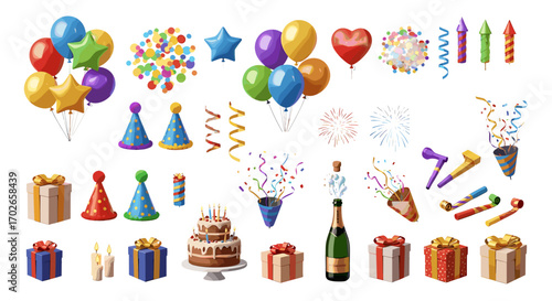 Illustration of party celebration elements including balloons gifts cake and noisemakers on a white background on transparent background