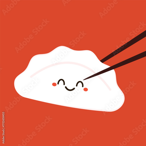 Gyoza cartoon vector. Hot dumplings and chopsticks on white background. Steamed dim sum or bun illustration for restaurant logo. Asian food icon for Japanese.