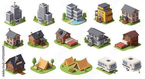 Isometric view of various building types including skyscrapers houses hotels tents and campers on green bases on transparent background