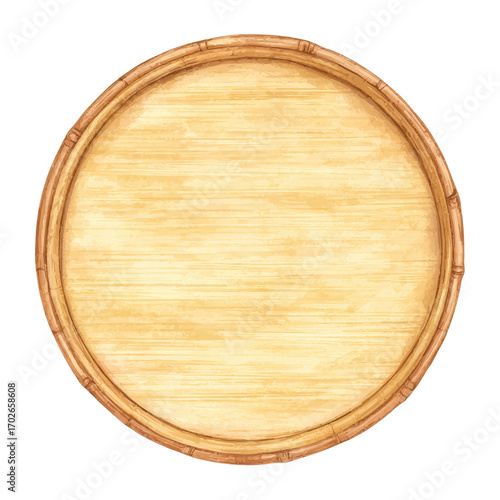 Empty round bamboo tray with smooth wooden texture top view, cut out