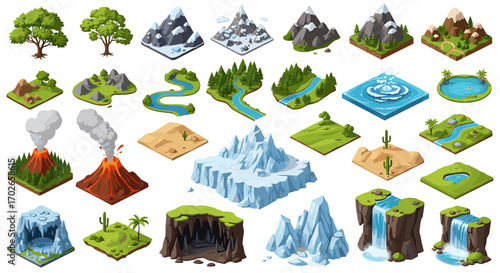 Isometric game terrain tiles featuring diverse landscapes including mountains, rivers, trees, and volcanoes on transparent background