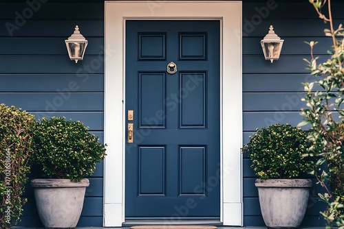 Navy Blue Door Facade with White Trim, Classic Hardware, and Outdoor Lighting