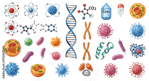 Illustration showing various scientific and biological elements including atoms dna viruses and cells on transparent background